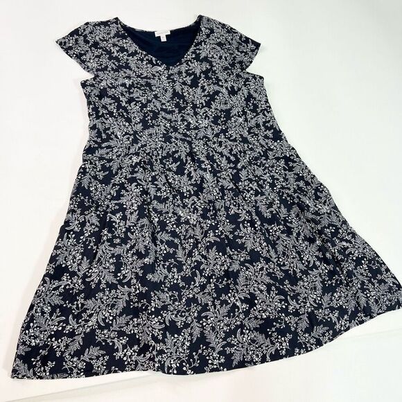 Garnet Hill Mini Dress Womens Large Navy Blue Viscose Tiered Floral Cap Sleeve - Picture 1 of 11